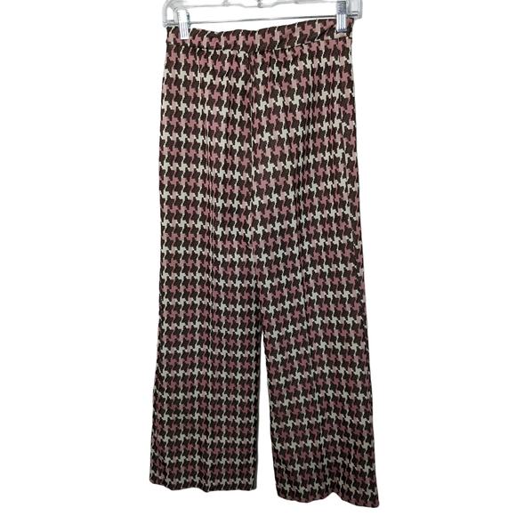 Vintage 60s 70s Wide Leg Pull On Trouser Pink Brown Houndstooth Size 8 - Picture 2 of 5